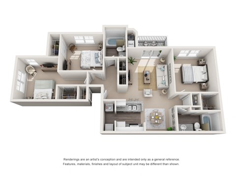 3 bedroom 2 bathroom floor plan at Palmetto Place apartments, Fort Mill, SC
